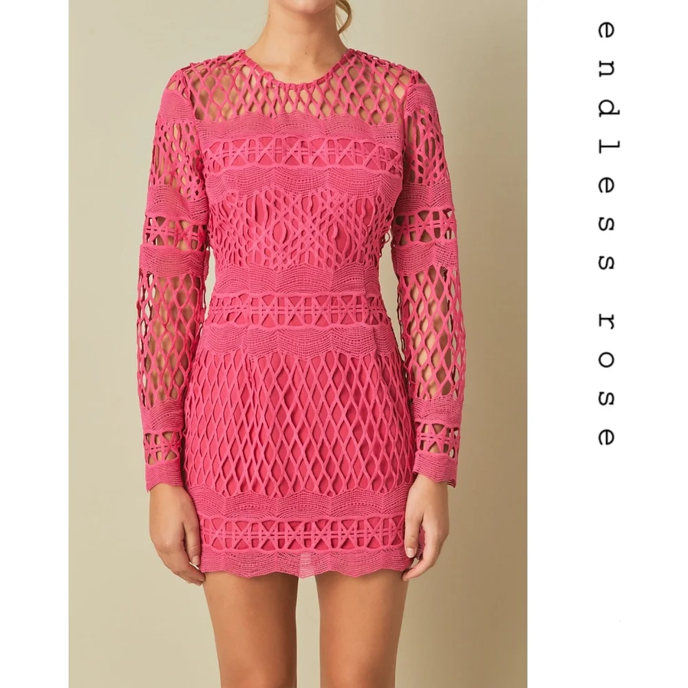 Endless Rose - Long Sleeve Crochet Mini Dress - Fuchsia - Picture 4 of 6